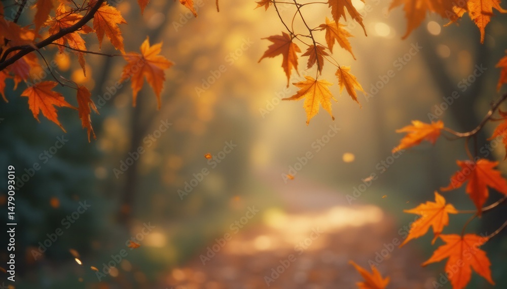 A Serene Autumnal Pathway with Golden Maple Leaves Framing the Scene A Serene Autumnal Pathway with Golden Maple Leaves Framing the Scene