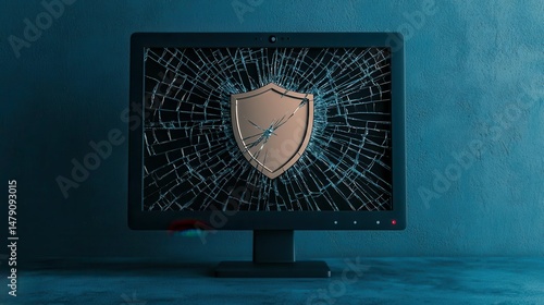 Computer monitor with cracked glass and shield icon, Hacker cybercrime restrict access, online security, copy space, Commercial use
