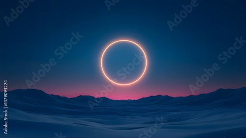 A surreal landscape features rolling, snow - like terrain under a twilight sky. At its center, a glowing, neon - like circular object hovers, creating a mysterious and other - worldly scene. 