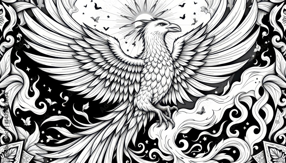 Fototapeta premium 20250514003839list 21 detailed coloring book illustration of a mythical phoenix rising, in an art deco style, black and white, featuring radiant feathers and flame motifs, fine lines
