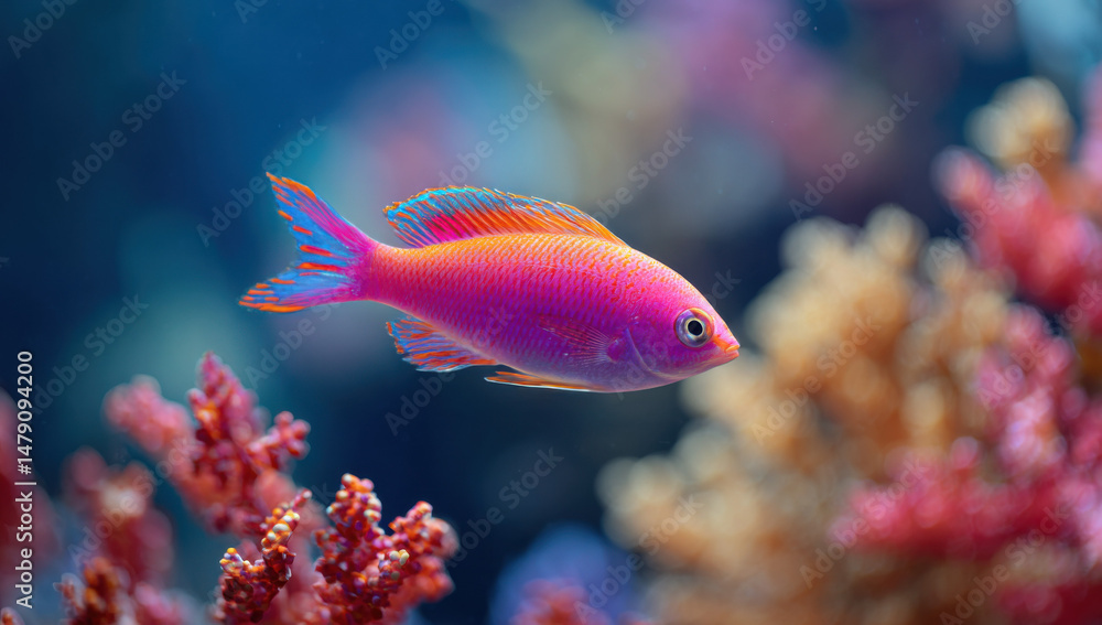 Obraz premium Vibrant pink anthias fish swimming gracefully amidst coral reef, showcasing its bright orange and blue fins in an underwater scene. : Generative AI