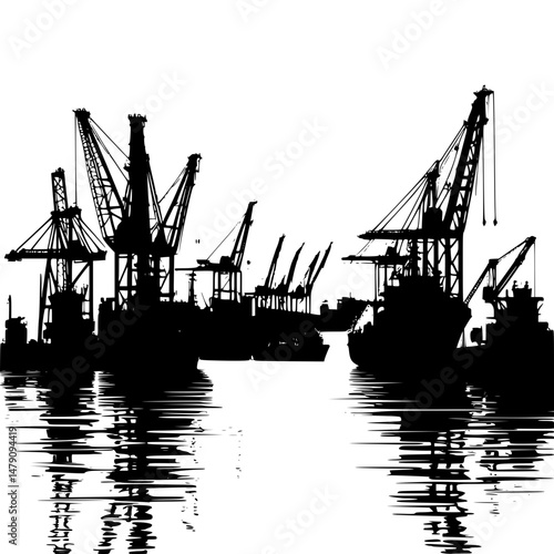 Harbor cranes and cargo ship in silhouette against an industrial sunset"