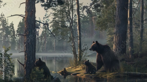 A family of bears sits by a misty lake in a forest