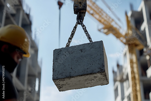 Concrete Block Being Lifted by Crane at Construction Site