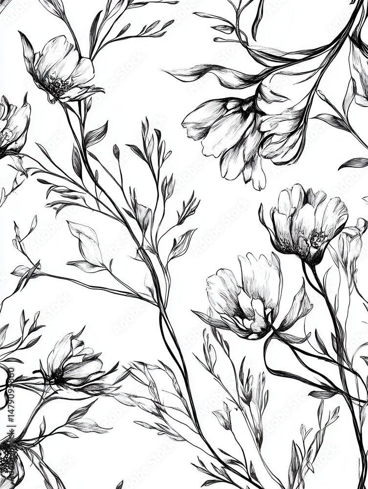 Fototapeta premium Floral Sketch Pattern Black and White Delicate Flowers and Leaves Seamless Design Elegant Botanical Illustration Artistic Style