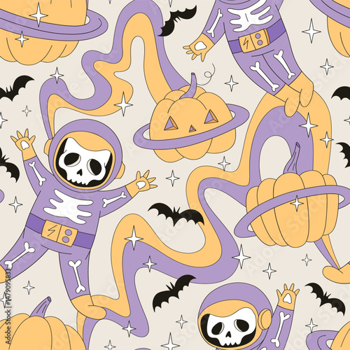 Groovy Creepy Cute astronaut skeleton Pumpkin planet in Outer Space vector seamless pattern. Cosmic Spooky Halloween Galaxy hand drawn background.