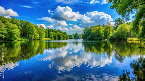 Tranquil lake surrounded by lush greenery and towering trees under a bright blue sky, natural beauty