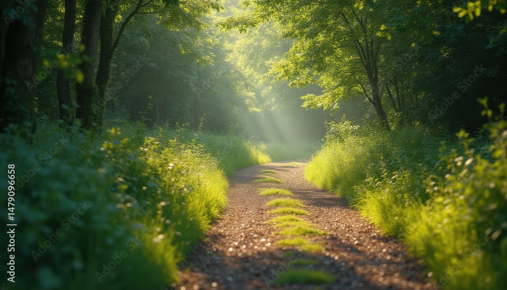 Obraz premium Serene Woodland Path with Sunlight Filtering Through Lush Green Canopy