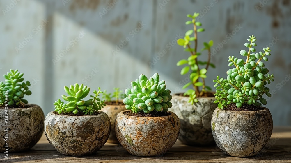 Fototapeta premium Rustic Green Plants in Stone Pots, Natural Decor