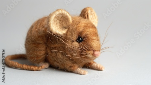 A small, brown, yarn-stuffed mouse with a long tail and pink nose sits on a grey background