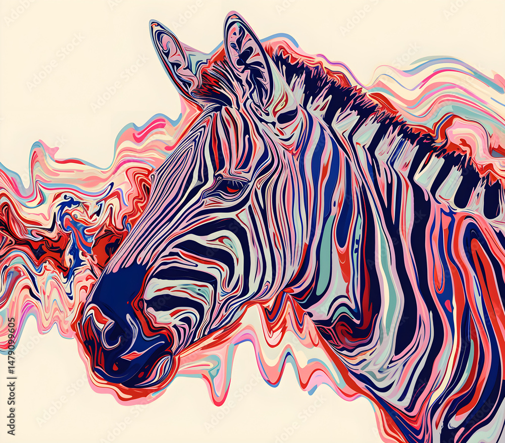 Fototapeta an abstract drawing of a zebra with colorful lines, precisionist lines, light red and indigo, colorful turbulence with mixed pattern colorful background
