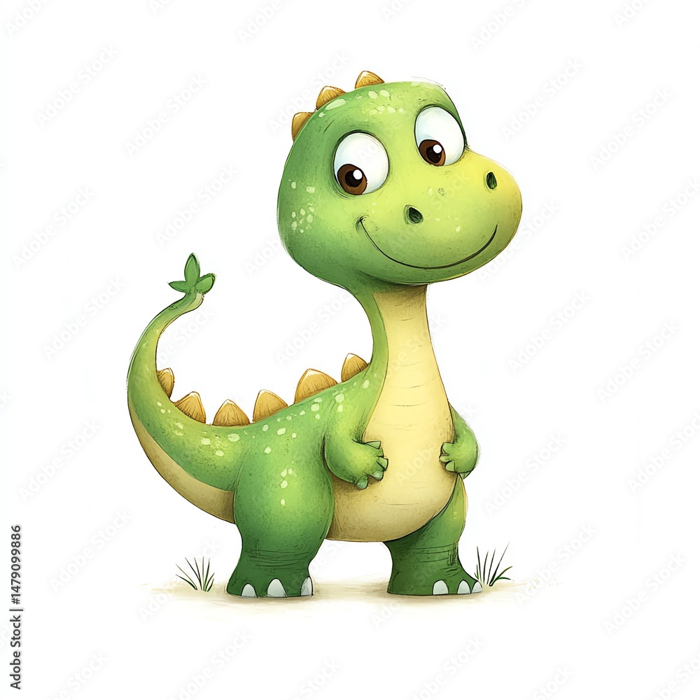 Fototapeta premium A Happy Green Dinosaur Stands on Sandy Ground,Smiling Cheerfully at the Viewer,Enhancing Childrens Book Illustrations