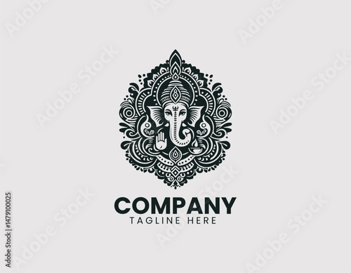 Revered Lord Ganesha with Divine Symbols Traditional Patterns Vector Logo Design, Honorable Hindu God Ganesha Divine Symbols Traditional Vector Logo, Respected Lord Ganesha Sacred Symbols Traditional 