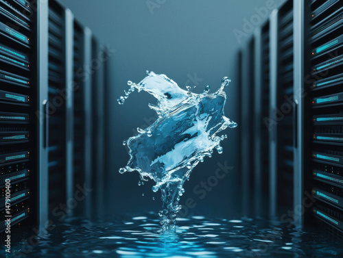  splash of water forms between rows of servers in a modern, high-tech data center environment.