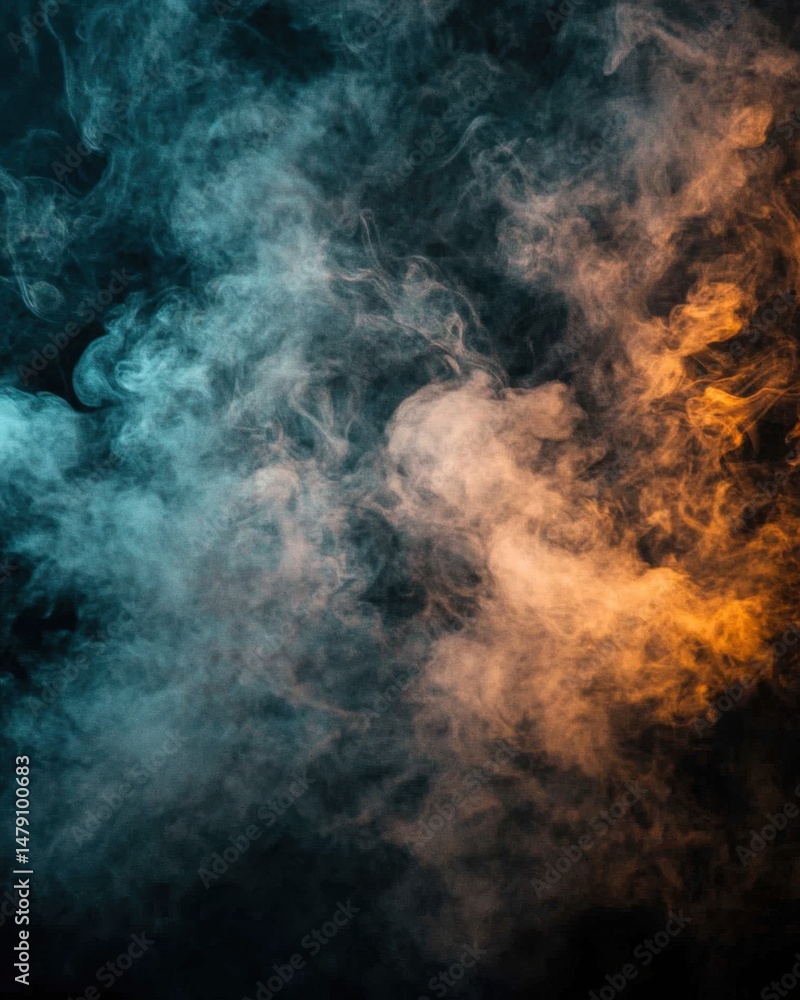 Abstract smoke background with swirling patterns and contrasting blue and orange lighting studio shot