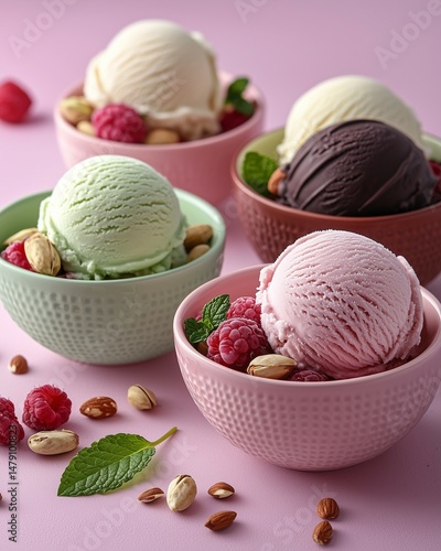 Colorful gourmet ice cream scoops in elegant bowls on a pastel background, styled with fresh toppings and shot in high resolution with a clean, modern aesthetic.
