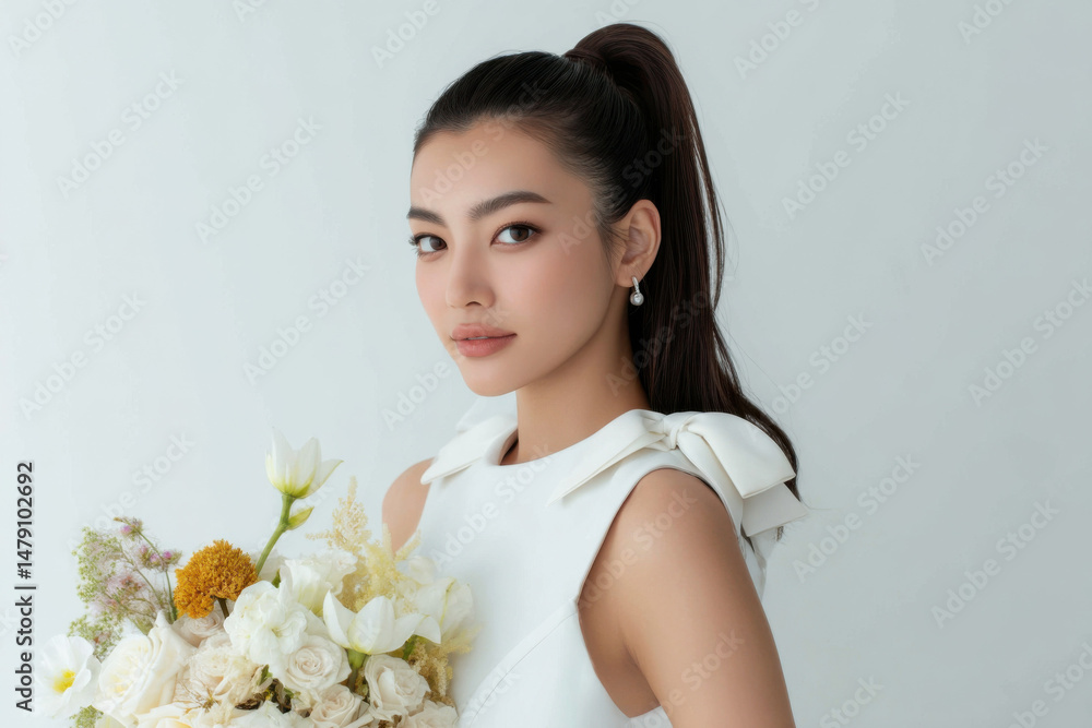 Photo of a beautiful Japanese model holding flowers, against a white background : Generative AI Photo of a beautiful Japanese model holding flowers, against a white background : Generative AI
