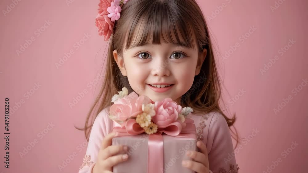 cute little girl smiling with gift box and flowers on pink background cute little girl smiling with gift box and flowers on pink background