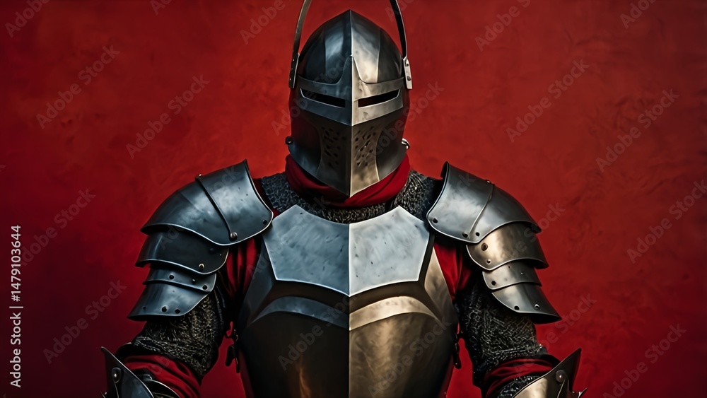 Fototapeta premium Dark Metal Knight Armor Against Red Background