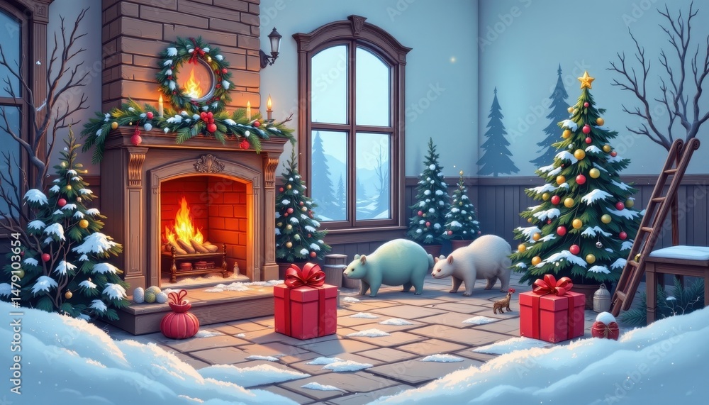 Fototapeta premium a high quality 4k image of a set icon clipart christmas environment, created in icon style, featuring a gift giving. captured from a wide angle shot. the scene is illuminated with warm candlelight