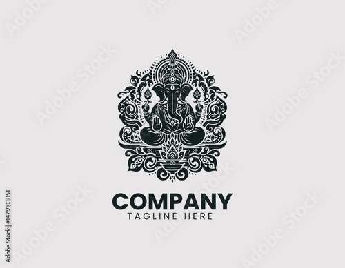Revered Lord Ganesha with Divine Symbols Traditional Patterns Vector Logo Design, Honorable Hindu God Ganesha Divine Symbols Traditional Vector Logo, Respected Lord Ganesha Sacred Symbols Traditional 