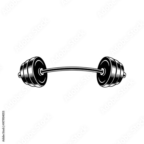 Illustration of gym barbell in monochrome style. Design element for logo, sign, emblem. Vector illustration