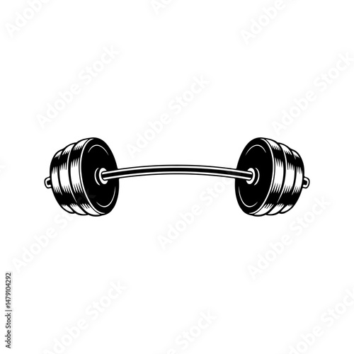 Illustration of gym barbell in monochrome style. Design element for logo, sign, emblem. Vector illustration