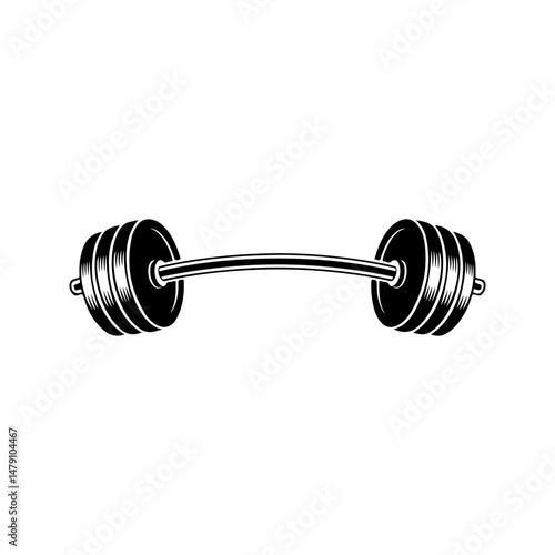 Illustration of gym barbell in monochrome style. Design element for logo, sign, emblem. Vector illustration