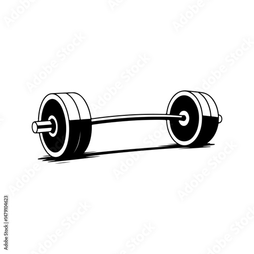 Illustration of gym barbell in monochrome style. Design element for logo, sign, emblem. Vector illustration