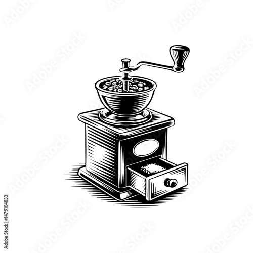 Coffee mill icon isolated on white. Vintage coffee grinder. Design element for logo, label, sign, poster, flyer. Vector illustration