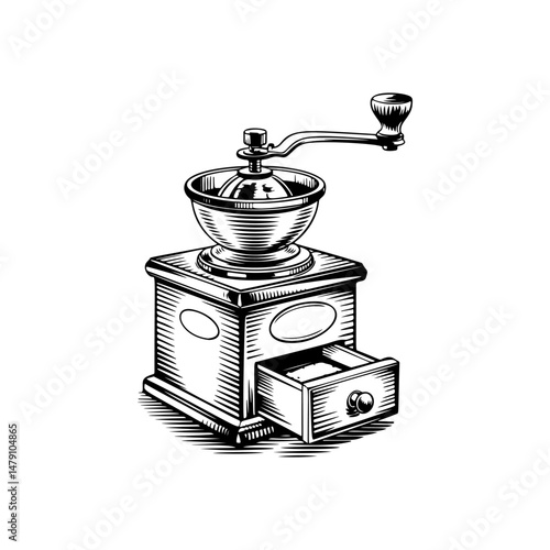 Coffee mill icon isolated on white. Vintage coffee grinder. Design element for logo, label, sign, poster, flyer. Vector illustration
