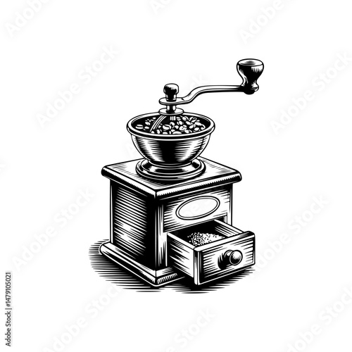 Coffee mill icon isolated on white. Vintage coffee grinder. Design element for logo, label, sign, poster, flyer. Vector illustration