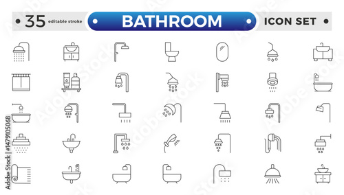 Bathroom outline icons. Editable Stroke. Shower, bath, toilet, bidet, mirror, water tap. Laundry and garbage basket. Cosmetics shampoo comb cream. Toilet paper napkins. Editable stroke outline icon.

