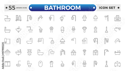 Bathroom outline icons. Editable Stroke. Shower, bath, toilet, bidet, mirror, water tap. Laundry and garbage basket. Cosmetics shampoo comb cream. Toilet paper napkins. Editable stroke outline icon.
