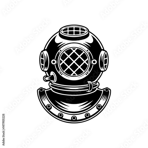 Retro style diver helmet isolated on white background. Design element for logo, label, sign, poster, menu. Vector illustration