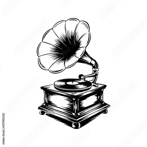 Illustration of retro gramophone in engraving style. Design element for logo, emblem, sign, poster, card, banner. Vector illustration