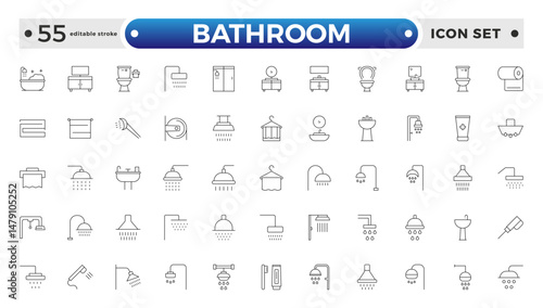 Bathroom outline icons. Editable Stroke. Shower, bath, toilet, bidet, mirror, water tap. Laundry and garbage basket. Cosmetics shampoo comb cream. Toilet paper napkins. Editable stroke outline icon.
