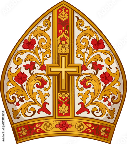 Ornate Gold and Red Papal Mitre Vector with Floral Decoration and Golden Cross – Catholic Bishop Hat Illustration for Religious Design