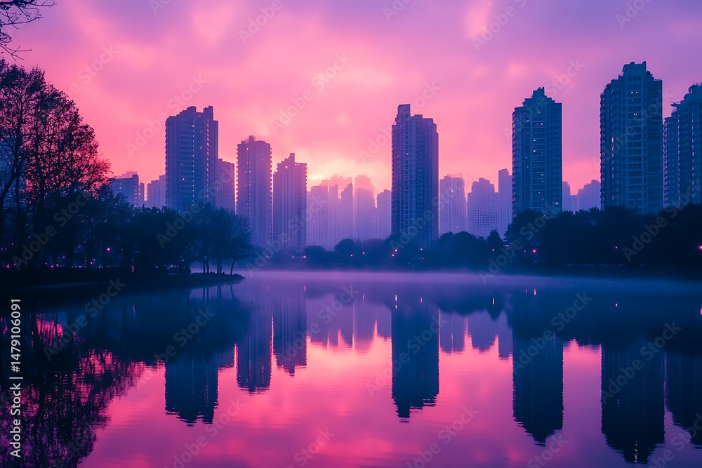 Obraz premium City park sunrise reflection