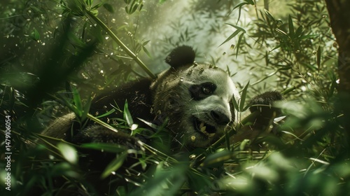 Panda in dense bamboo forest