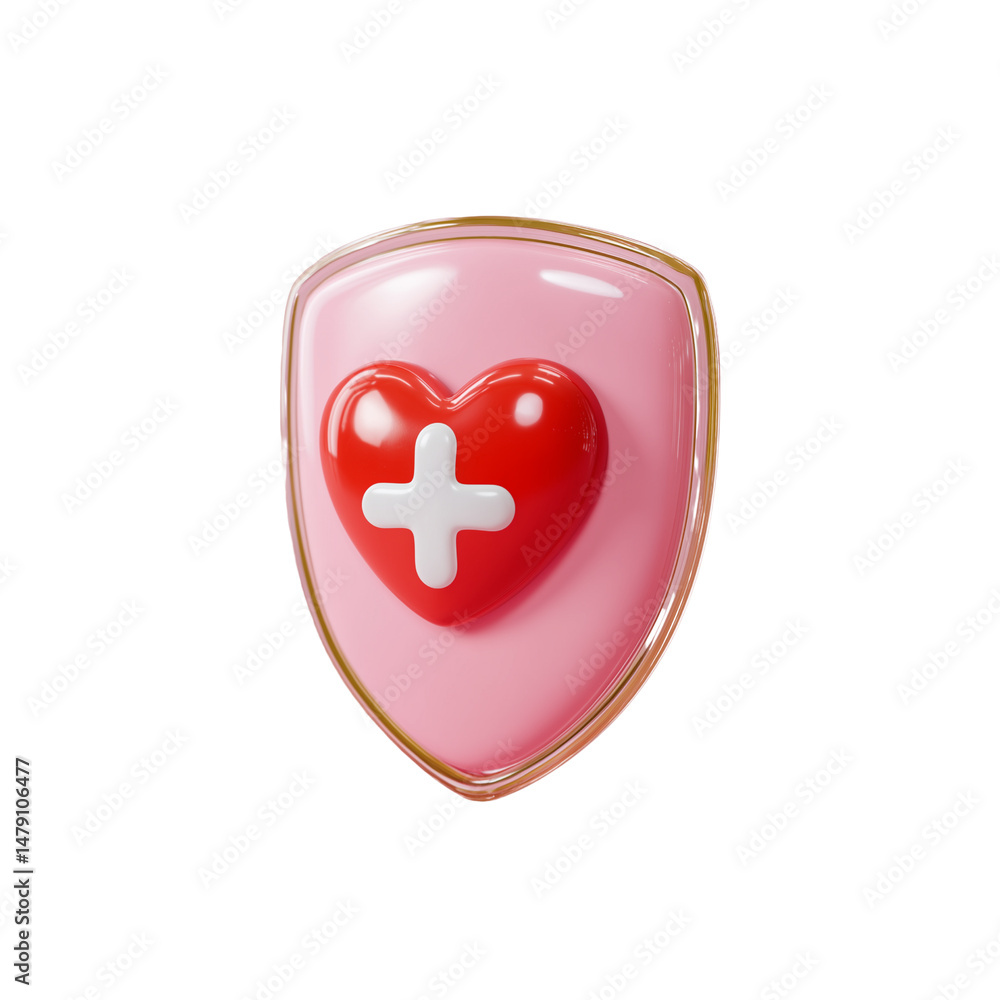 A pink shield featuring a red heart with a white cross symbol, representing health and protection. A pink shield featuring a red heart with a white cross symbol, representing health and protection.