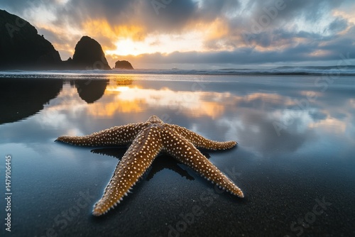 Starfish on the Wet Sand at Sunset, Reflective Beach Scene, Dramatic Sky, Natural Beauty, Close Up
