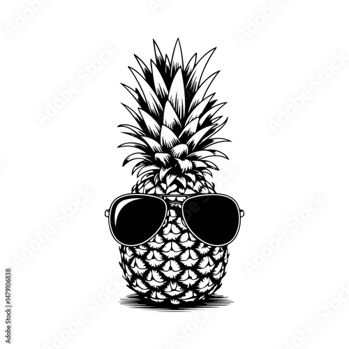 Illustration of pineapple with sunglasses in engraving style. Design element for poster, card, banner, sign. Vector illustration