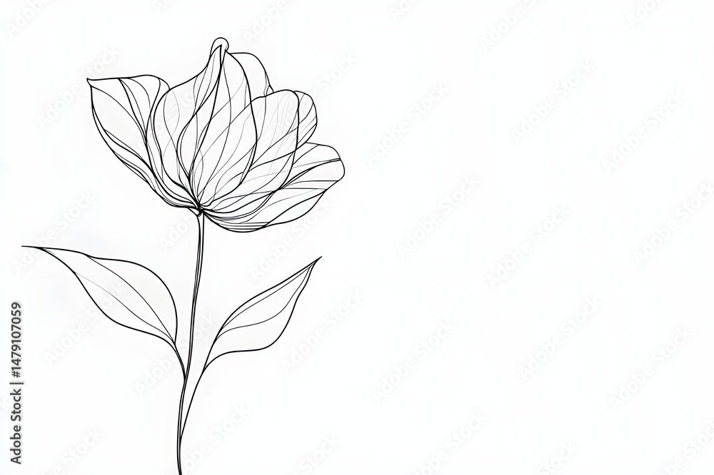 Obraz premium Elegant flowers drawn in black continuous line art, minimalistic composition with smooth curves, centered on plain white background with wide space