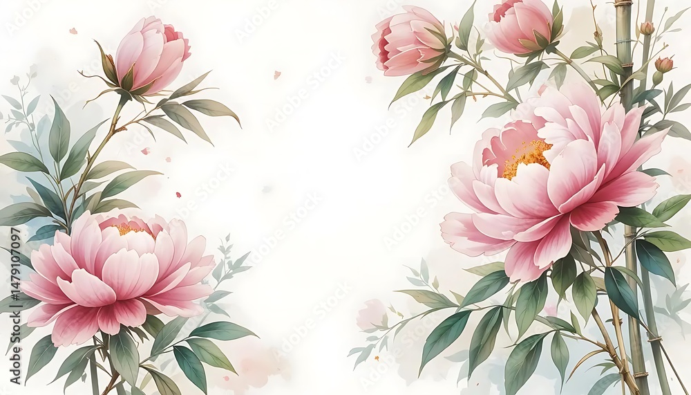 Fototapeta premium Elegant Pink Peony Flowers with Bamboo on White Background Art