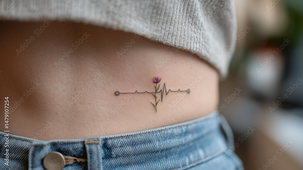 Obraz premium Floral Heartbeat Tattoo: A delicate and minimalist tattoo of a floral heartbeat design graces a woman's lower abdomen, symbolizing the enduring rhythm of life and love.