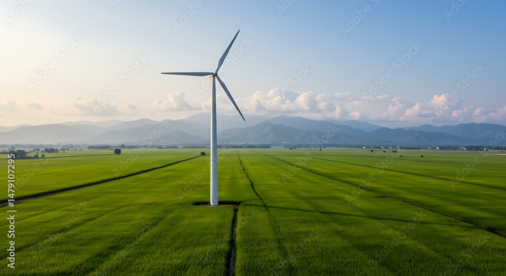 Obraz premium Wind Turbine in Green Field with Mountains