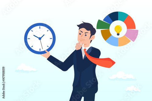 Businessman holding time clock with pie chart routine, Time management, efficiency, productivity to finish work, delegation, finish tasks, prioritise responsibility, manage schedule, planning concept