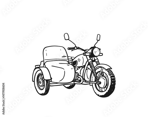 Vintage motorcycle with sidecar vector illustration, capturing classic retro bike design. Ideal for transport, travel, and nostalgia-themed projects. High-detail, timeless appeal.