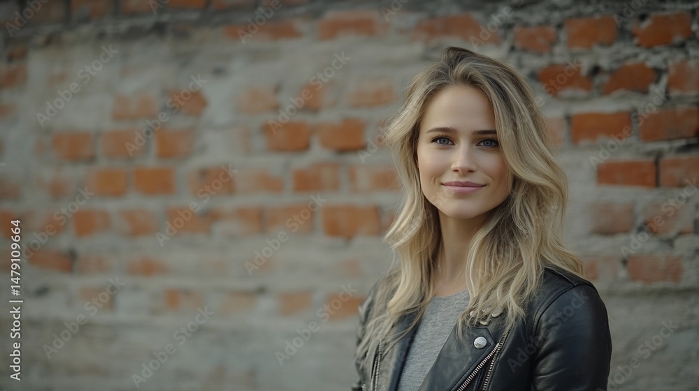 Smiling woman outdoors by a brick wall Smiling woman outdoors by a brick wall